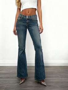 跨境女装四季复古气质宽腰头排扣修身低腰水洗紧身牛仔裤休闲辣妹简约百搭女牛仔裤 - 深色水洗藍 - 查看 3