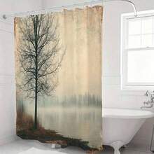 1Pc Beige Misty Lake Tree Shower Curtain, Beige Brown Vintage Landscape Art Fabric Shower Curtain For Bathroom, Retro Nature Decor Bath Curtain,  Hine Washable With 12 Hooks, Great For Timeless Bathroom Style - Màu be - Xem 4