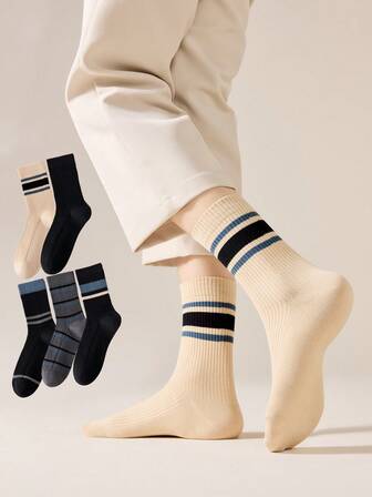 1/2/3/5 Pairs Men's Multicolor Striped Mid-Calf Socks, Casual Everyday Simple Sports Socks, Fashionable Versatile Crew Socks