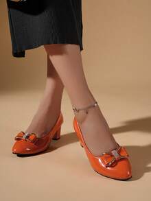 Petite And Cute Women's High Heels, Made Of Glossy PU Leather With A Chunky Heel And A Bow-Decorated Toe. Perfect As A Valentine's Day, Mother's Day, Or Thanksgiving Gift. A Fashionable Women's Shoe Suitable For Parties, Weddings, And Everyday Wear. - 亮橙色 - 查看 2