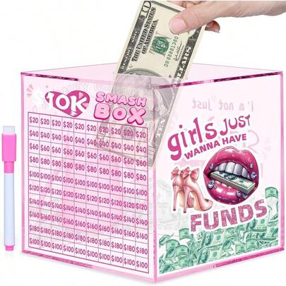 GSYY 10k Smash Box For Money Large Piggy Bank For Adul 10000 Sangs Challenge Box Money Sang Box For Cash Big Unbreakable Clear Acrylic Money Saver Must Break To Open Pink
