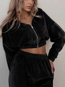 2pcs Women's Velvet Tracksuit Set, With Hooded Zip-Up Crop Top And Comfortable Stretchy Sweatpants, Suitable For Casual Wear Black Spring - Black - View 7