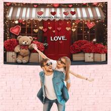 1件装情人节泰迪熊玫瑰窗布背景 - 浪漫爱情主题摄影背景布，泰迪熊搭配玫瑰和心形气球装饰，情人节派对装饰，庆祝活动和家居装饰拍照道具 - 彩色 - 查看 8