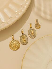 1pc/Pack 304 Stainless Steel Gold-Plated Rhinestone Round Buckle Accessory, Religious Series Necklace Keychain Jewelry Pendant - Gold - View 3