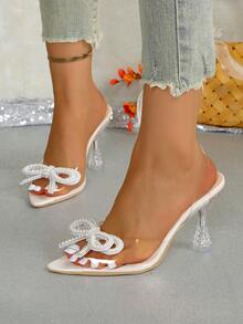 Peep Toe High Heel Sandals, Fashion Bowknot Transparent Sandals, Crystal High Heels, Formal Party Shoes With Pearl And Rhinestone Decor - Beige - View 2