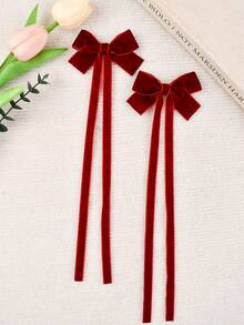 2pcs Women's Hair Accessories Velvet Long Ribbon Bow Barrette Cute Girl Versatile Side Clip Double Ponytail Hair Clips Elegant Bow Hair Decor For Daily Use, Claw Clips, Hair Slide, Hair Barrettes - Burgundy - View 5