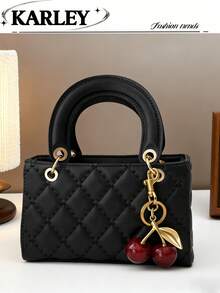 1件PU皮革手提包，横款女士托特包，酒红色晚宴包，黑色百搭夏季新款女士漆皮绗缝托特包，结构化小包，时尚单肩斜挎包，几何图案钱包 - 黑色 - 查看 8