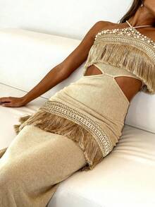 波西米亚几何印花钩编流苏饰边镂空吊带迷你连衣裙，流苏亮片刺绣修身迷你连衣裙，适合海滩度假、夜间外出、夜店穿着 #盛装之夜 #流苏热潮 #派对造型，情人节、新年、婚礼春季 - 卡其色 - 查看 4