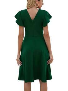 Women's Semi-Formal Ruffle Sleeve V-Back Work Fit And Flare Cocktail Knee Length Dress With Pockets, 2025 Style - Màu tím - Xem 6