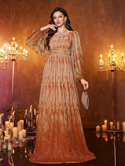 女式方领灯笼袖褶饰闪亮优雅派对晚礼服