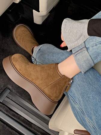 รองเท้าบูทหนังส้นหนาหัวกลมกันลื่นสำหรับผู้หญิง, แฟชั่นมินิมอลสไตล์โกธิค ซิปหน้า รองเท้าบูทสั้น, เหมาะสำหรับชุดนักเรียน, ชุดทำงาน, ชุดทำงานในฤดูใบไม้ร่วง/ฤดูหนาว