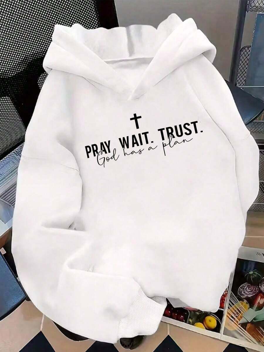 Fall Clothes For Women1PCS 2025 New Fleece Hooded Sweatshirt, Y2K Style, "Pray, Wait, Trust, God Has A Plan", Women's Winter Clothing, Women's Casual Fit, Autumn And Winter Comfortable Printed Sweatshirt, S-XXL Available, Comfortable Fabric, Machine Washable, Loose Fit, Daily Wear-Premium Cotton Graphic Printed Round Neck T-Shirts-365TLoose And Comfortablechristmas>Clothes - trắng - Xem 1