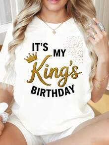 Its My Kings Birthday T-Shirt Women Gold Crown Glitter Print Cute Couple Shirt Birthday Celebration Gift For Wife Girlfriend Female Fashion TopWomen's T-Shirts With Round Neck And Short Sleeves Have Interesting Printed Patterns, Which Are Suitable For Christmas Partiessports Activitiesholiday Partiesoutingssports And Other Holiday Gifts. - 白色 - 查看 4