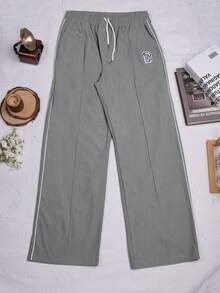 Street Drawstring High Waist Letter Pattern Slant Pocket Wide Leg Cargo Pants Daily Casual Comfy Trousers - Grey - View 8