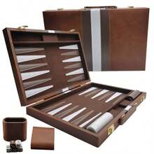 18" Premium Leather Backgammon Set Classic Board Game For Adults - Brown - View 1