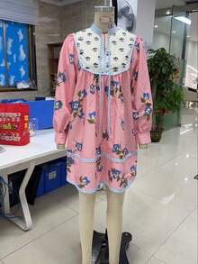 Women Boho Floral Short Dress Puff Sleeve Flowy Babydoll Dress V Neck Smocked Shirt Dresses Bohemian Mini Sundress - Blue - View 5