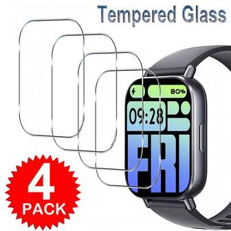 4 st. härdat glasskärmskydd kompatibelt med redmi klocka 4 klocka 5 lite klocka 5 aktiv skärmglasfilmskydd transparent skyddande ultra anti-fingeravtryck bubbelfri hd klart reptåligt skydd skärmskydd nödvändigheter, tillämplig för daglig skydd, kontor, hem daglig skydd kontor hem klocktillbehör klockskärmskydd vattentät stötsäker fallskydd reptålig