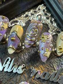 10pcs Almond Shaped Set Nails,Light Purple Cat Eyes&Apricot Tie Dye Style Nails,3D Three-Dimensional Steel Beads&Pearls Nails Accessories Decorations,Hand Painted Metal Geometric Pattern& Star Nails Design,Patterns In Y2K Style Nails Wearable Nail Art Set,Suitable For Women To Wear Daily Parties (Includes:A Piece Of Jelly Glue And A Friction Strip)Nail Supplies Nails - Mauve Purple - View 6