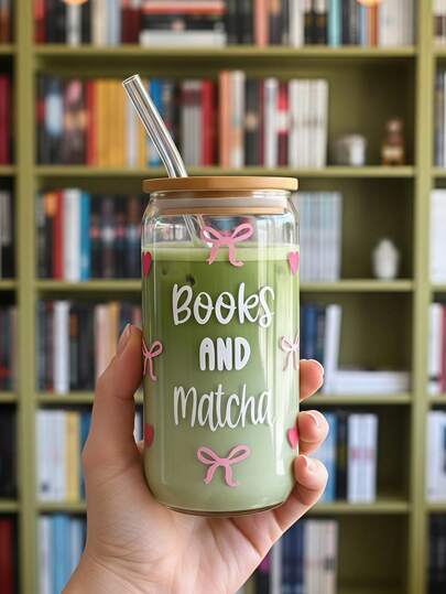 16oz Iced Bowknot Coffee & Matcha Glass Straw Cup, High-Temperature Printed, Washable & Reusable, Canned Shape Bowknot Glass Straw Cup For Cold & Hot Drinks, Best Gift Choice