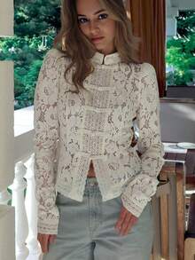 Women's Elegant White Floral Lace Semi-Sheer Blouse With Stand Collar And Puff Sleeves, Regular Fit, Button Details, Woven Fabric, Non-Stretch Top - White - View 4
