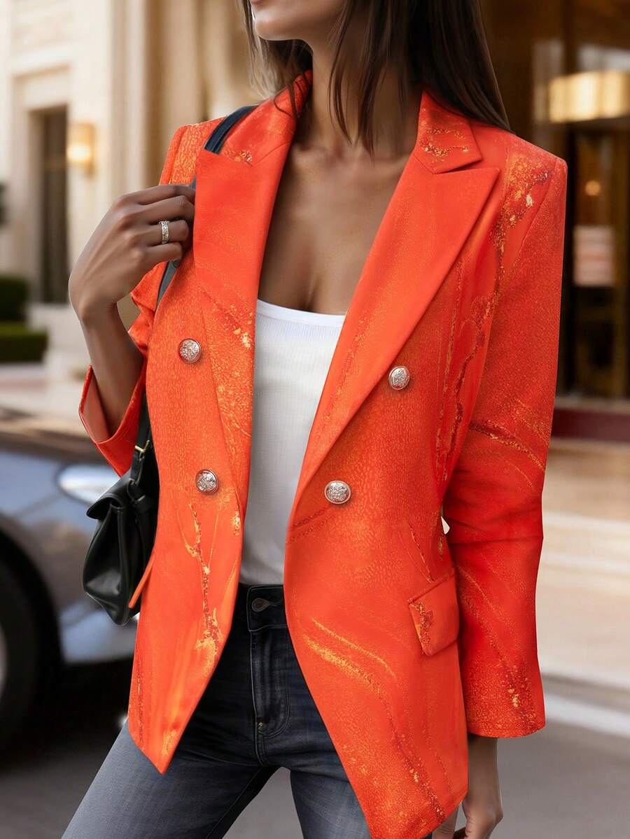 HOMEYEE Printed Long Sleeve Blazer Collar Casual Elegant Business Office OL Vacation Top - Orange - View 1
