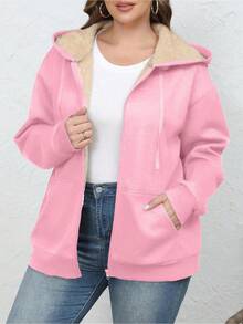 Chaqueta con capucha de forro polar cálido para mujer con bolsillos, invierno - Rosa - Ver 3