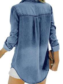 Womens Button Down Denim Shirt Long Sleeve Roll Up Casual Oversized Jean Shirt Jacket Distressed Tunic Tops - 淺藍色 - 查看 6