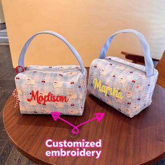 Embroidered Custom Pleated Striped Fabric Handbag, Fashionable Summer New Women's High-Value Makeup Storage Bag, Large Capacity Portable Travel Cosmetic Tote