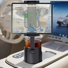 2-In-1 Car Cup Holder Tablet & Phone Holder With Adjustable Base - ABS Design, 360-Degree Rotation, Compatible With 4.7-14 Inch Tablets And Mobile Devices, Ideal For Car And Travel Use.