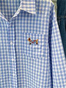 Spring Plaid Shirt With Dachshund Embroidery Pocket Casual Top - Light Blue - View 8
