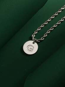 1pc Fashionable Hiphop Stainless Steel Round Disc 26 Letters A-Z Pendant With Stainless Steel Twisted Chain Necklace, Suitable For Men's Daily Wear - Steel-colored Round Letter Necklace - View 30