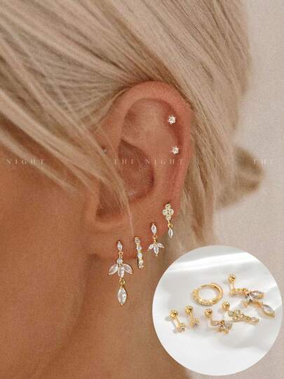 1 Set Of 6pcs Sparkling Zirconia Earrings, Studs & Clips, Fashionable & Elegant Jewelry Set For Women, Suitable For Party, Holiday, Date Or Wedding