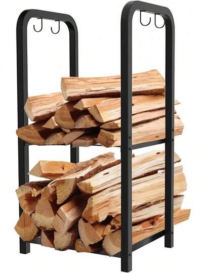Artibear Small Firewood Rack Holder For Indoor Fireplace, 2-Tier Fire Wood Log Storage Stacker Stand For Outdoor Patio, Black (Without Wheels)
