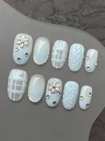 10 Pieces/Set Of Handmade And Pasted Fake Nails,Short Oval Nails,Sweater Nails,Snowflake Chain Decoration,Plaid Pattern Nails,Suitable For Autumn And Winter Nails,Detachable Fake Nails, Nail Supplies Nail Art,Suitable For Party, Dance, Daily Wear, Student Party, Cosplay, Press-On And Reusable, With Jelly Glue And Nail File DIY Nail Supplies