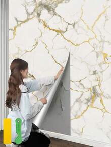 1 Roll Self-Adhesive Waterproof Bathroom Wall Stickers - Marble Texture Peel & Stick Removable Decals For Shower, Toilet, Sink - Easy To Clean & Washable Bathroom Decor, Bathroom Accessories