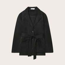Women's Fashionable Casual Suedette Brown Trench Coat, With Collar, Long Sleeves And Practical Pockets, Creates A Stylish Look, Suitable For Halloween - Black - View 2