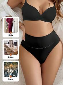 1pc Women's High Waist Thong Panty, Tummy Control And Butt Lifting, Seamless And Comfortable All Day Wear - Black - View 7