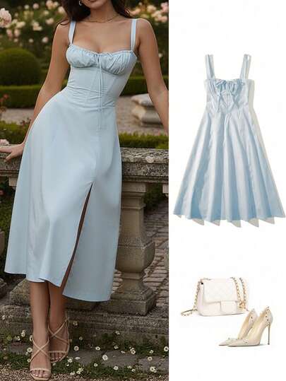 Women's Fashionable Casual Spaghetti Strap Long Slim-Fit Slit Strapless Dress, Suitable For Summer/Spring