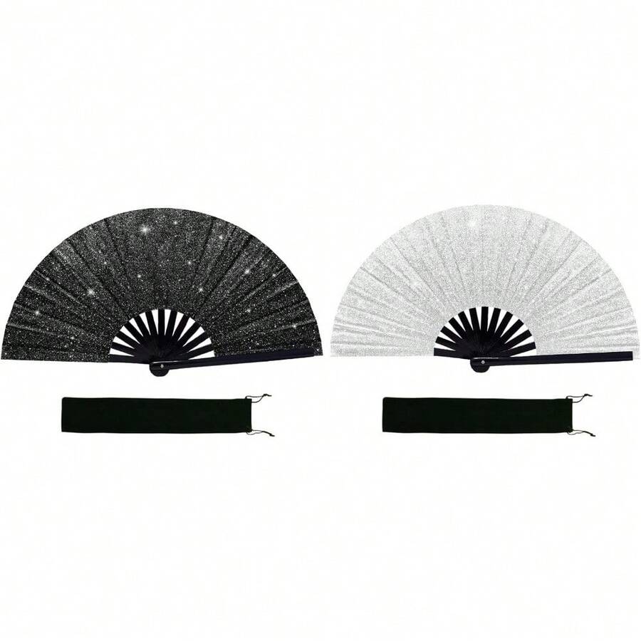 2 PCS Large Glitter Rave Fan Folding Hand Fans For Line Dancing Portable Handheld Clack Fan For Festival EDM Party Music Outfit Accessories (Glitter Black, White) - mặc định - Xem 1