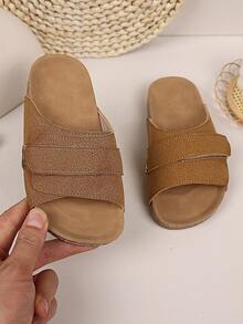 可调节绑带儿童凉鞋，柔软软木鞋底，舒适儿童夏季鞋，男女童均适用，黑色和棕色帆布套脚鞋 - 卡其色 - 查看 6