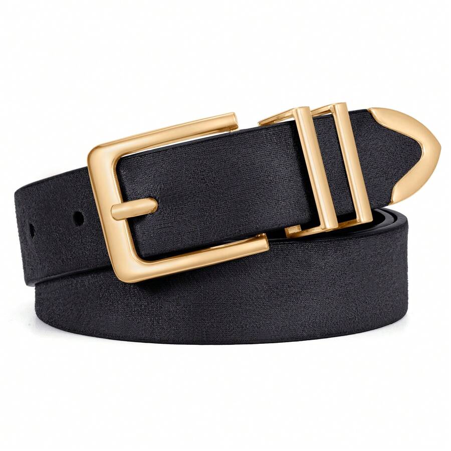 1pc Plus Size Women's Shiny Gold Buckle PU Leather Belt, Suitable For Jeans, Pants, Dresses In Multiple Occasions - Black - View 1