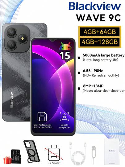 Blackview Smartphone desbloqueado WAVE 9C, sistema operativo Android 15, batería de 5000mAh, carga rápida de 10W, procesador Octa-Core (4+8 núcleos, ampliable), 4GB+64GB/128GB/almacenamiento SD 1TB, pantalla HD+ de 6.56", 3 ranuras para tarjetas, 4G Dual SIM Dual Standby, cámaras traseras de 13MP+8MP