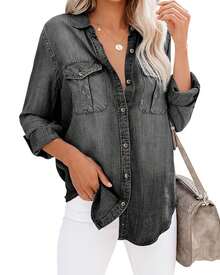 Womens Button Down Denim Shirt Long Sleeve Roll Up Casual Oversized Jean Shirt Jacket Distressed Tunic Tops - 黑色 - 查看 2