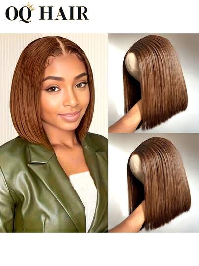OQ 巧克力色直发，180%~250%密度，14英寸短款波波头真人发T字分缝，13x4x1蕾丝前额假发，预先拔毛，自然发际线，真人发，即戴即走，无需胶水，赠送礼品，免运费，圣诞假发，Y2K真人发假发，圣诞礼物，发饰，100%真人发假发，女士假日度假假发