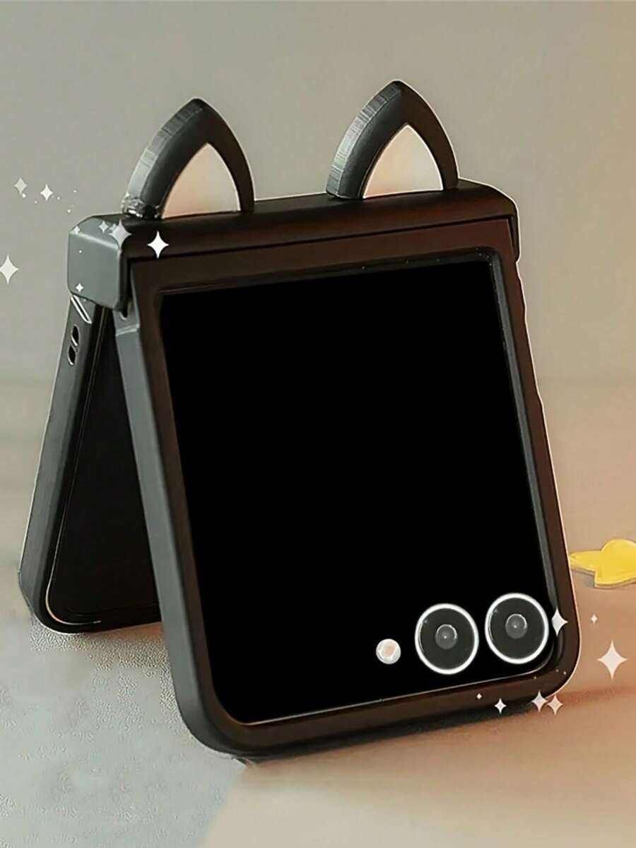 Ốp lưng điện thoại màu đen hình tai mèo 3D dễ thương, tương thích với Samsung Galaxy Z Flip 7, Z Flip 6, 5, Z Flip 4, 3, 5G, chống sốc và bảo vệ bản lề.