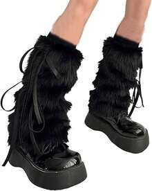 15.7in Bow Fluffy Leg Warmers, Y2K Warm Faux Fur Furry Leg Warmers Women, Winter Fuzzy Long Boot Cuff Covers - 黑色 - 查看 8
