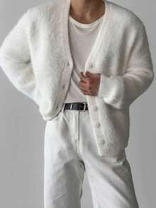 男士V领宽松针织开衫，韩版简约百搭，适合圣诞节、新年等场合，长袖上衣 - 白色 - 查看 3