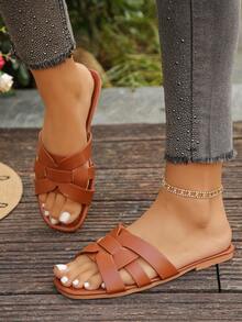 夏季奢华水钻绑带凉拖鞋，方头平底真皮休闲沙滩拖鞋，派对及情人节礼物，优雅女鞋 - 棕色 - 查看 2