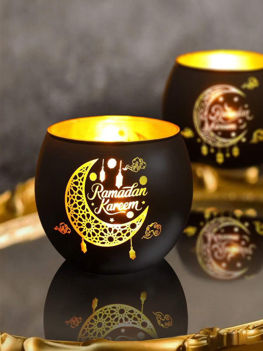 2个黑色和金色开斋节快乐玻璃烛台，斋月新月设计桌面装饰，斋月派对装饰，斋月家居装饰，开斋节装饰，家居装饰，厨房和餐桌装饰，开斋节祝福，开斋节快乐装饰，伊斯兰斋月活动派对用品，斋月开斋节装饰，宰牲节礼物（不含蜡烛）