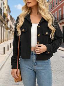 Casual Pocket Long Sleeve Corduroy Short Jacket, Spring/Winter(JH25009) - Black - View 7